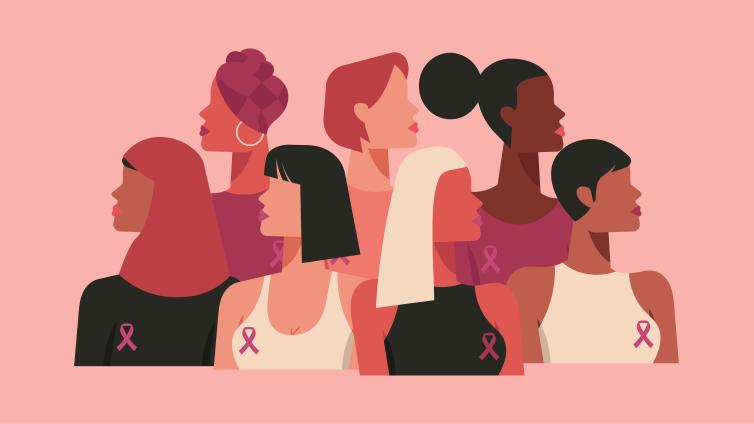 Various cartoon people with pink breast cancer ribbon on chest